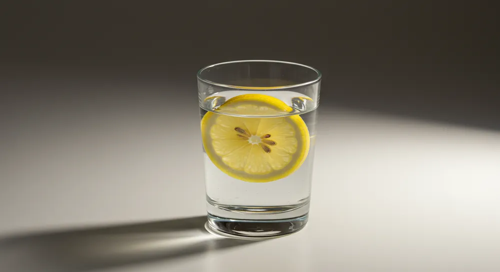 Clear glass of water with a fresh lemon slice floating inside, casting shadows.